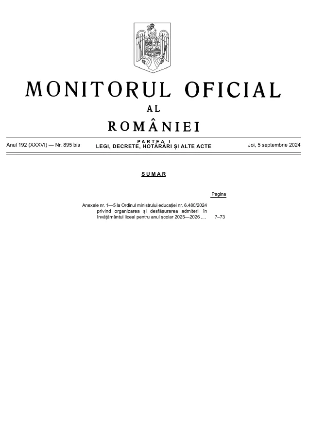 Previzualizare document: OME nr. 6.480/2024 privind admiterea în liceu, anexele 1–5