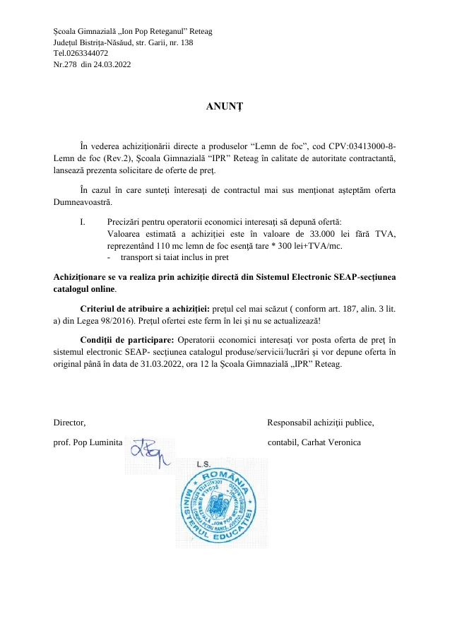 Previzualizare document: Anunț achiziție directă lemn de foc, nr. 278/24.03.2022