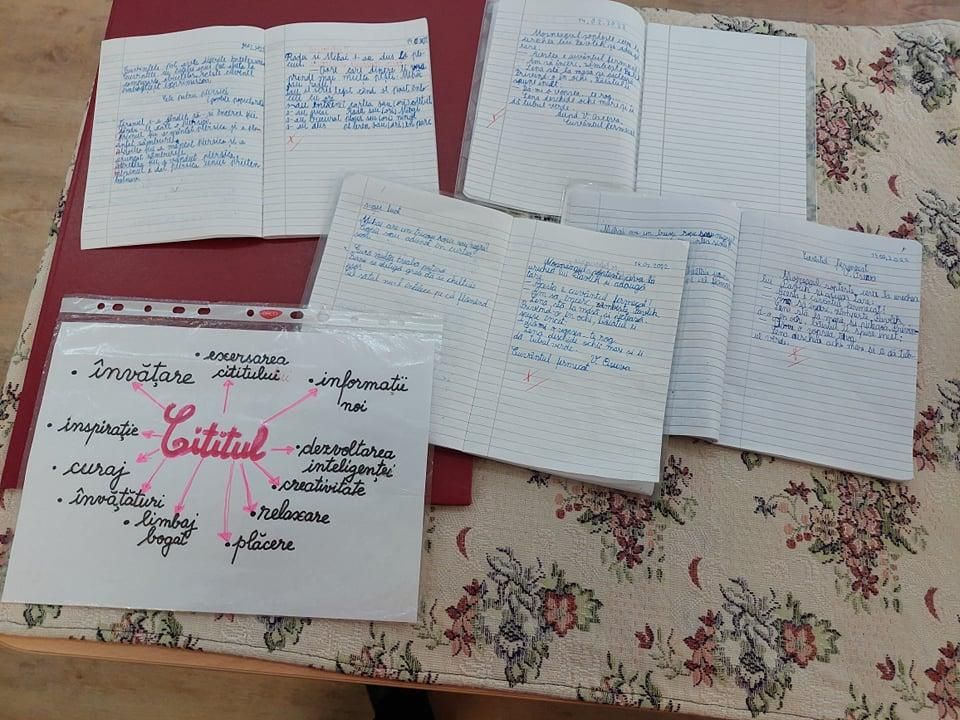 Caiete cu compuneri și o fișă cu harta ideilor „Cititul”