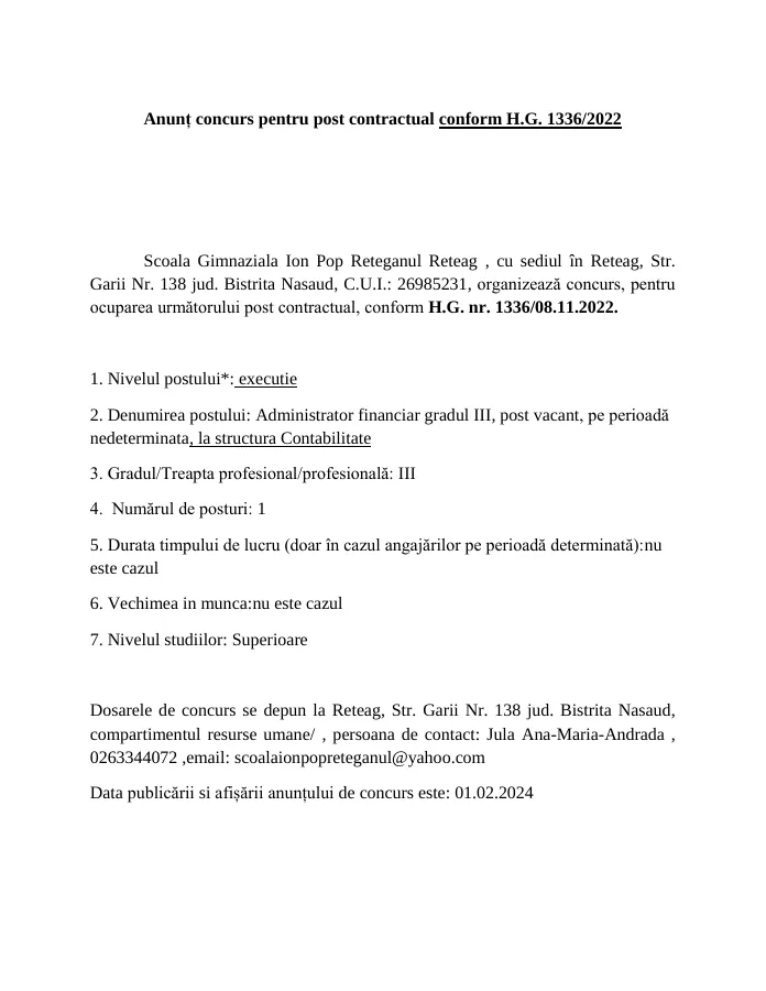 Previzualizare document: Anunț concurs administrator financiar gradul III