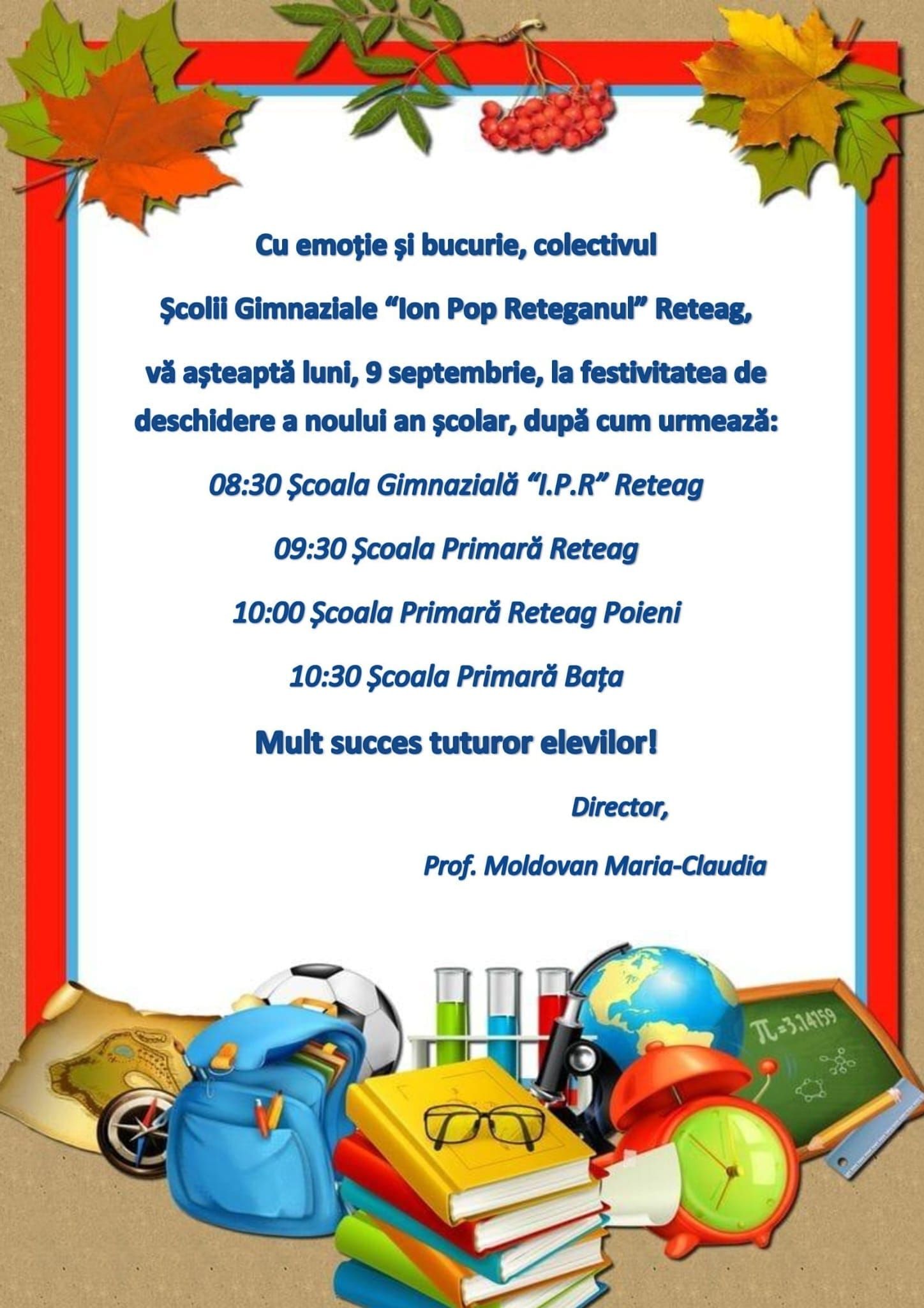 Afiș cu programul festivității de deschidere a anului școlar, încadrat de frunze de toamnă, cărți, ghiozdan și rechizite desenate.