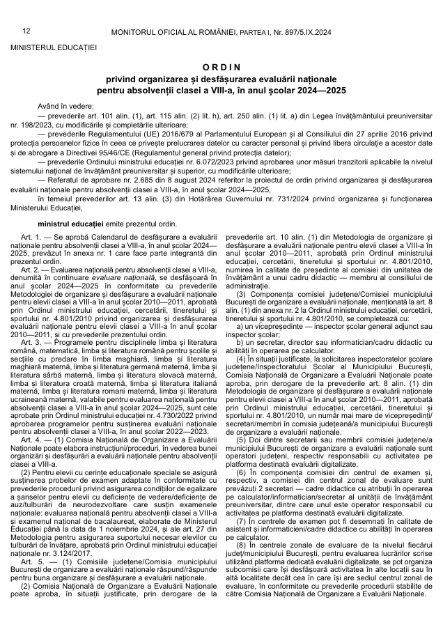Previzualizare document: OME nr. 6.479/30.08.2024 privind organizarea Evaluării Naționale 2025