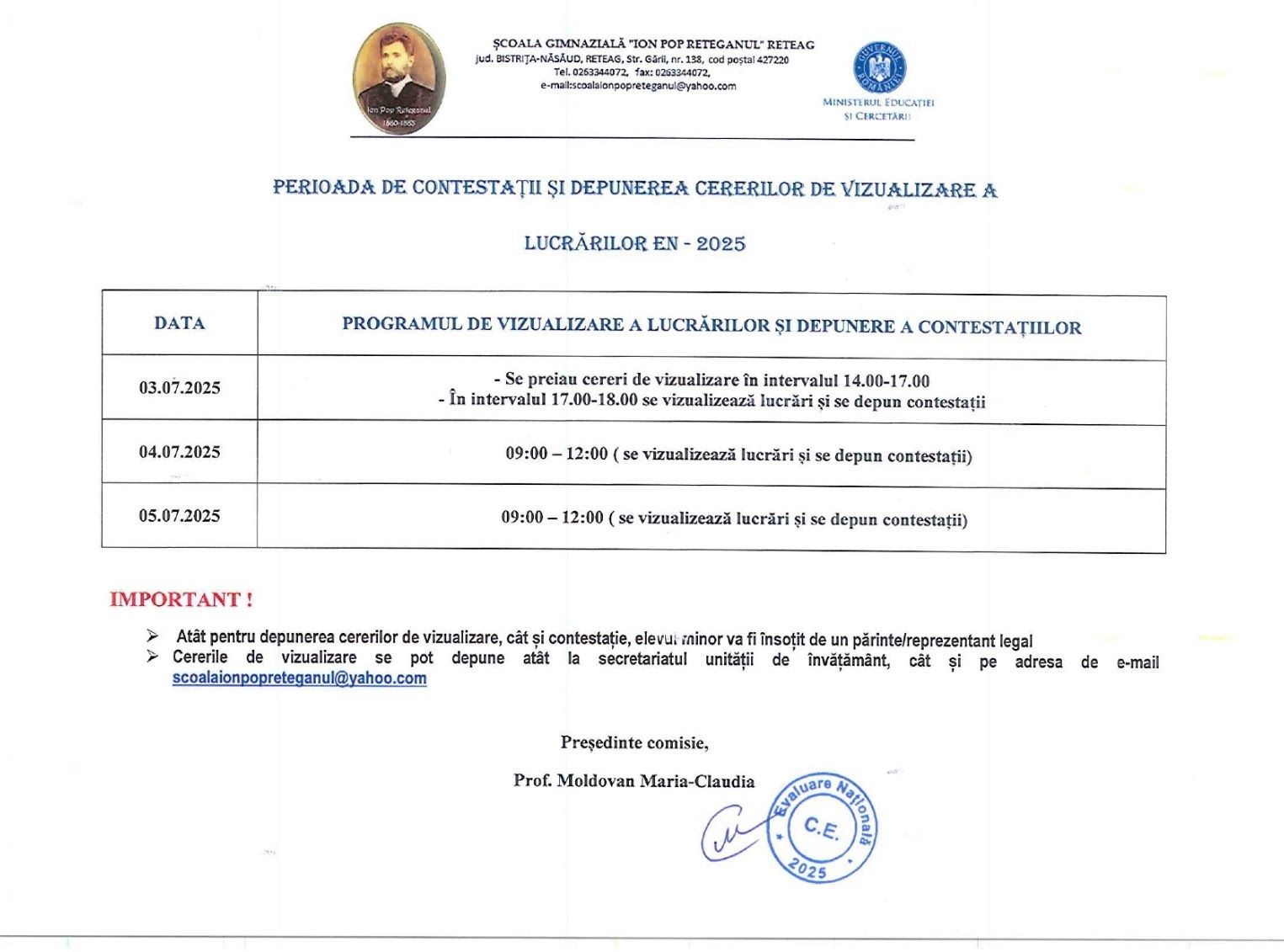Anunțul școlii cu programul de vizualizare a lucrărilor și de depunere a contestațiilor la Evaluarea Națională 2025, sub formă de tabel.
