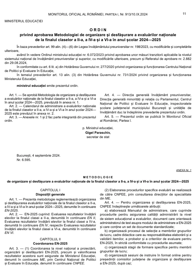 Previzualizare document: OME nr. 6.595/04.09.2024 – metodologia Evaluărilor Naționale II, IV, VI
