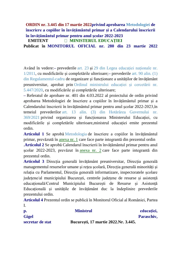 Previzualizare document: Ordinul ME nr. 3.445/2022 – metodologia și calendarul înscrierii în învățământul primar