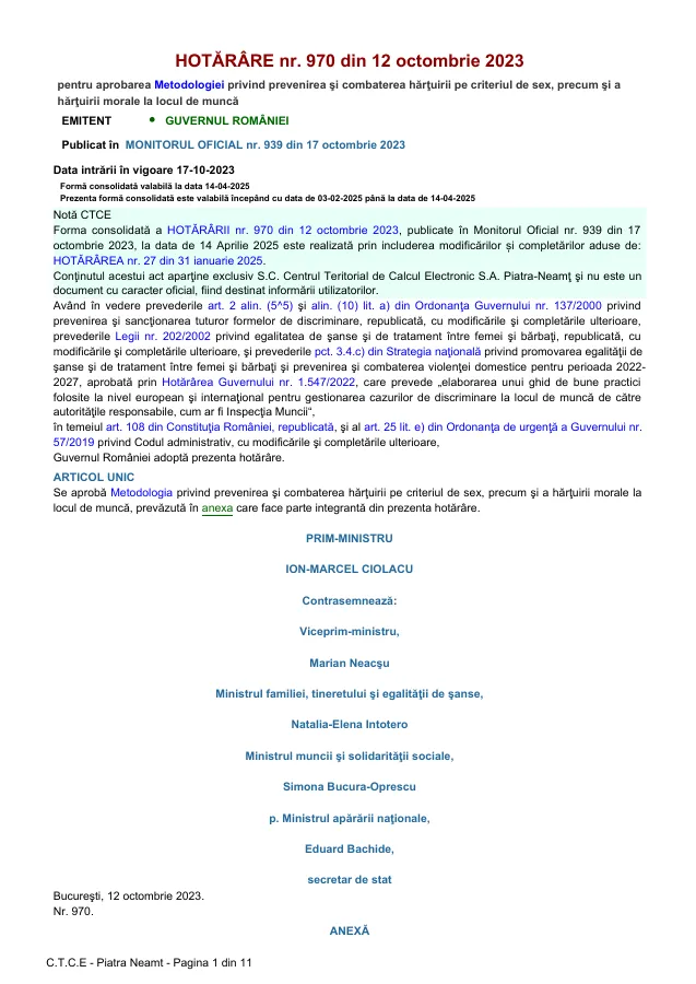 Previzualizare document: HG nr. 970/2023 privind prevenirea și combaterea hărțuirii la locul de muncă