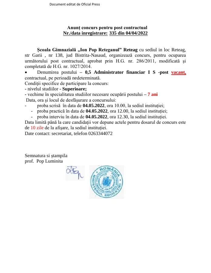 Previzualizare document: Anunț concurs post contractual administrator financiar, 0,5 normă