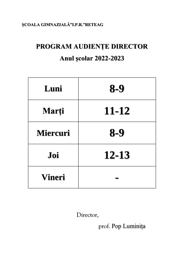 Previzualizare document: Programul de audiențe al directorului 2022–2023