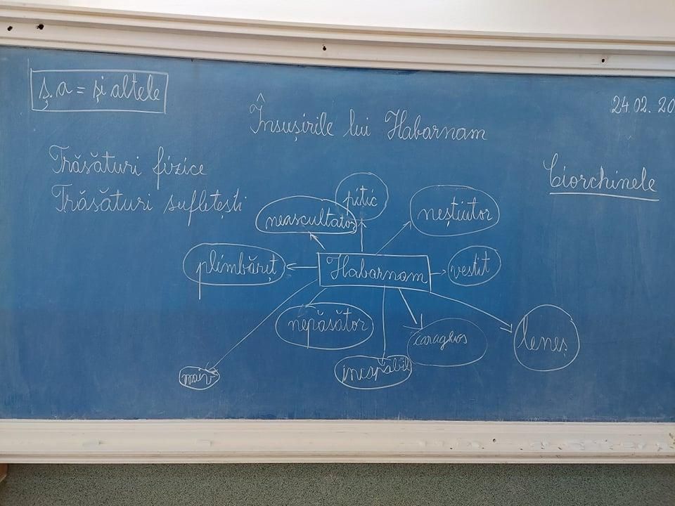 Tabla dintr-o oră de limba română, cu o hartă a ideilor despre personajul Habarnam