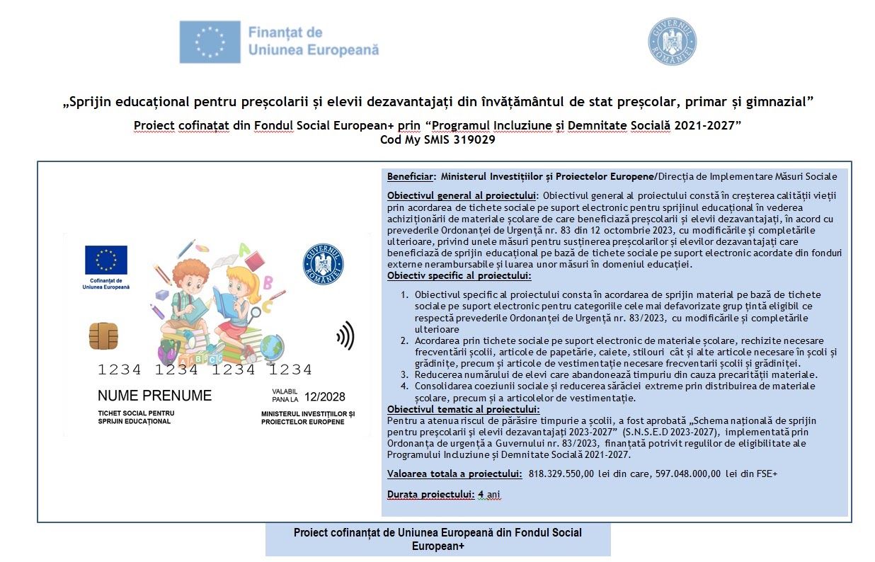 Afișul proiectului „Sprijin educațional pentru preșcolarii și elevii dezavantajați”, cu modelul unui tichet social pe card și siglele Uniunii Europene și ale Guvernului României.